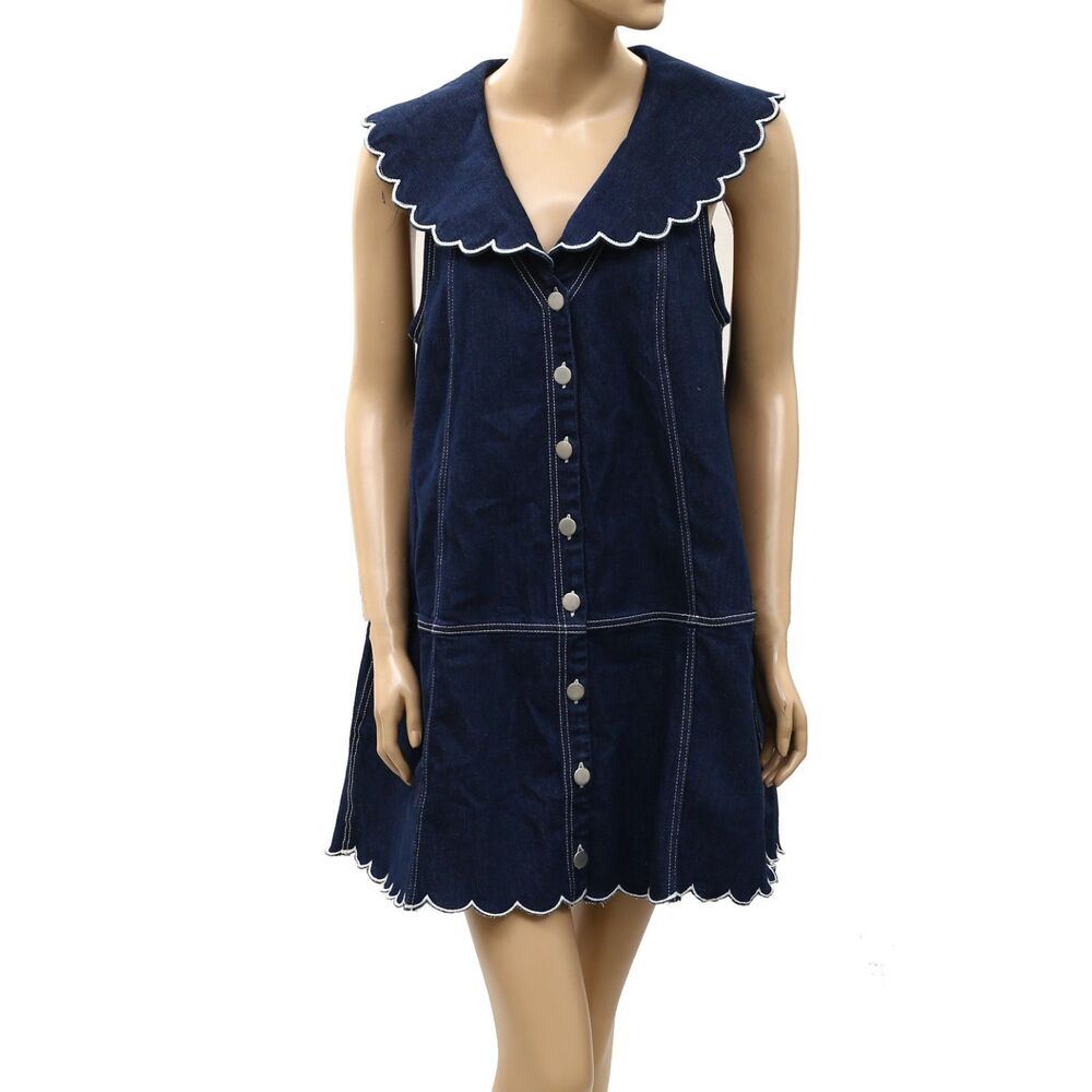 Anthropologie Pilcro Scalloped Denim Buttondown Dress Sleeveless Navy MP 288613 - Picture 6 of 10